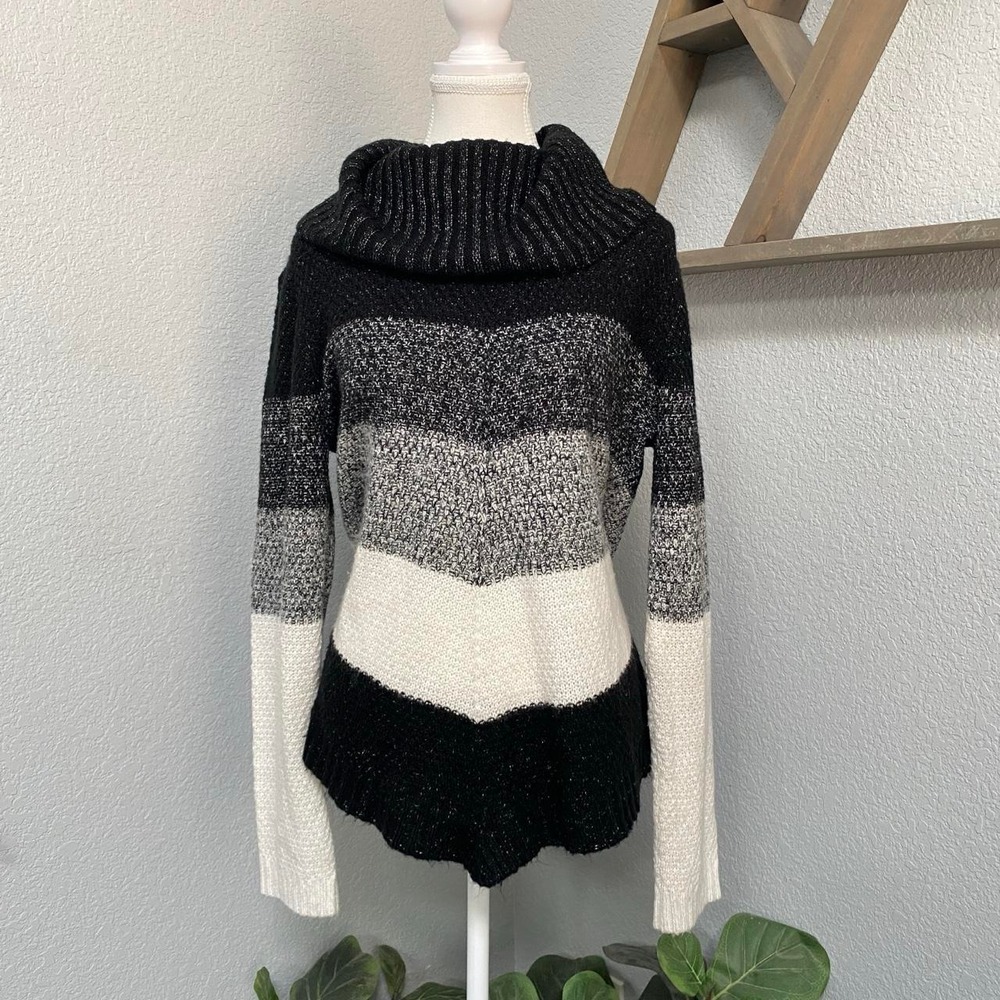 BLACK GRAY WHITE STRIPE COWL NECK KNIT SWEATER Y2K BOHO DARK COTTAGECORE